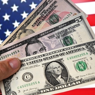 Ein Mann hält fächerförmig Dollarscheine vor einer USA-Flagge. In SWR1 Leute ist Sandra Navidi zu Gast - eine intime Kennerin der USA. Wir blicken mit ihr hinter die Kulissen des American Dream und erklären, warum das Land gesellschaftlich und politisch so gespalten ist.