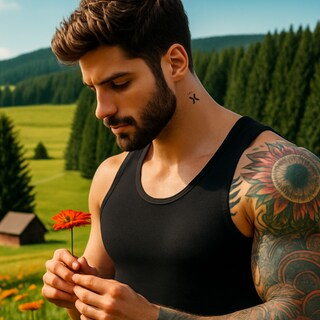 Ein Mann hat ein Tattoo am Hals mit einem "X". Es soll auf die Gartenschau Freudenstadt Baiersbronn aufmerksam machen.