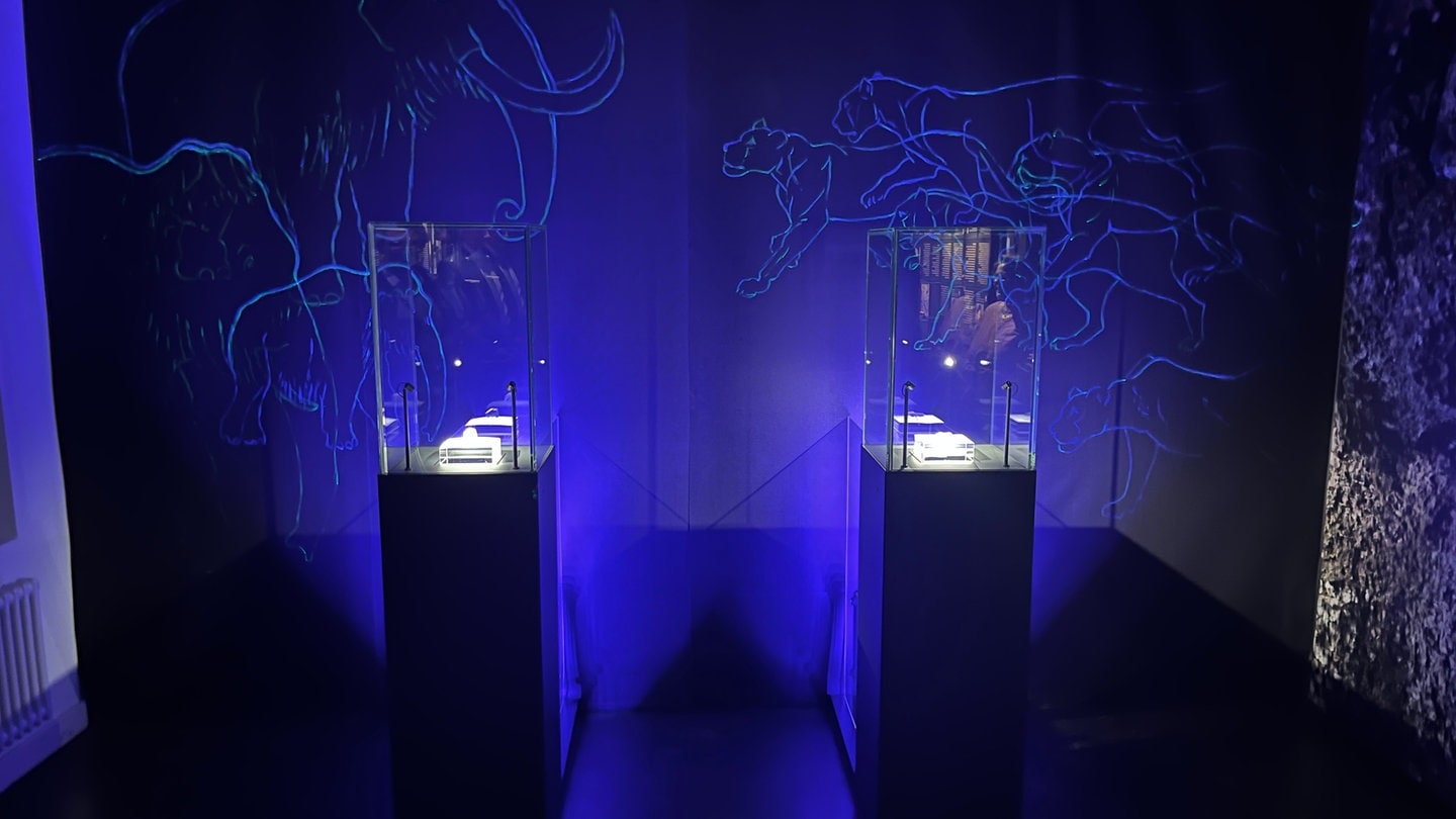 Das Mammut und der Höhlenlöwe stehen auf einem Sockel. Die Eiszeitkunst wird in einer Sonderausstellung im Urmu Blaubeuren ausgestellt.
