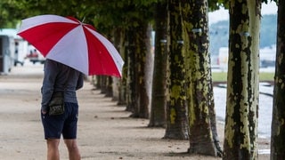 Mann mit Schirm steht im Regen