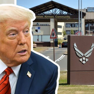 Kollage aus Trump-Portrait und Eingangsbereich der US-Airbase Spangdahlem in der Eifel.
