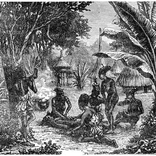 Kannibalen Zentralafrikas im Jahr 1870, Illustration mit Vintage-Gravur.