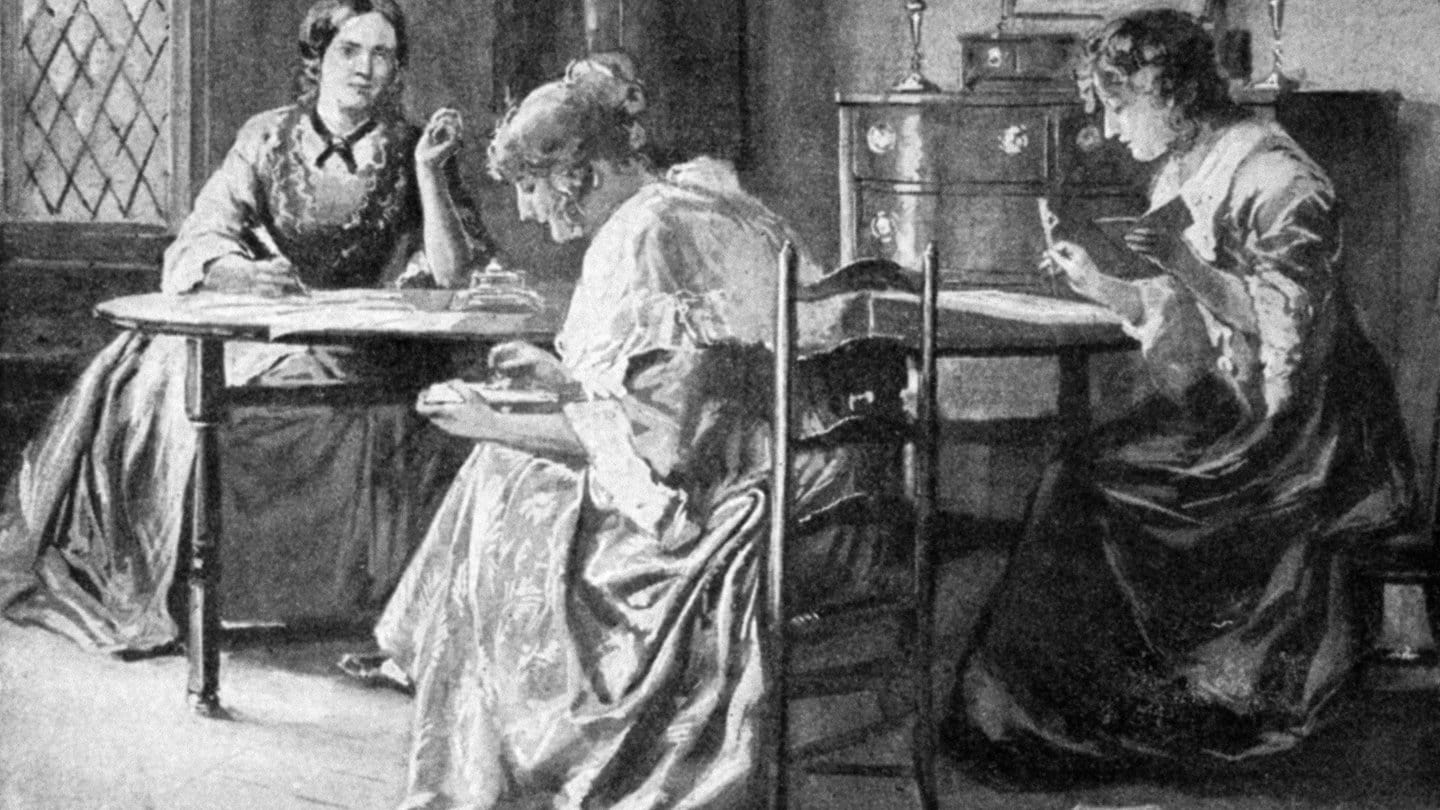 BRONTË SCHWESTERN. Charlotte (1816-1855), Emily Jane (1818-1848) und Anne (1820-1849) Brontë schreiben im Pfarrhaus in Haworth.