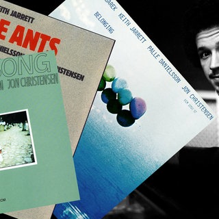 Keith Jarrett mit den Alben seines European Quartett (Collage)