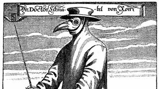 Pestarzt Doktor Schnabel von Rom, 1656: Arzt mit Schnabelmaske, Kräutern und Stock zum Fernhalten von Erkrankten (historische Zeichnung aus dem 19. Jahrhundert)