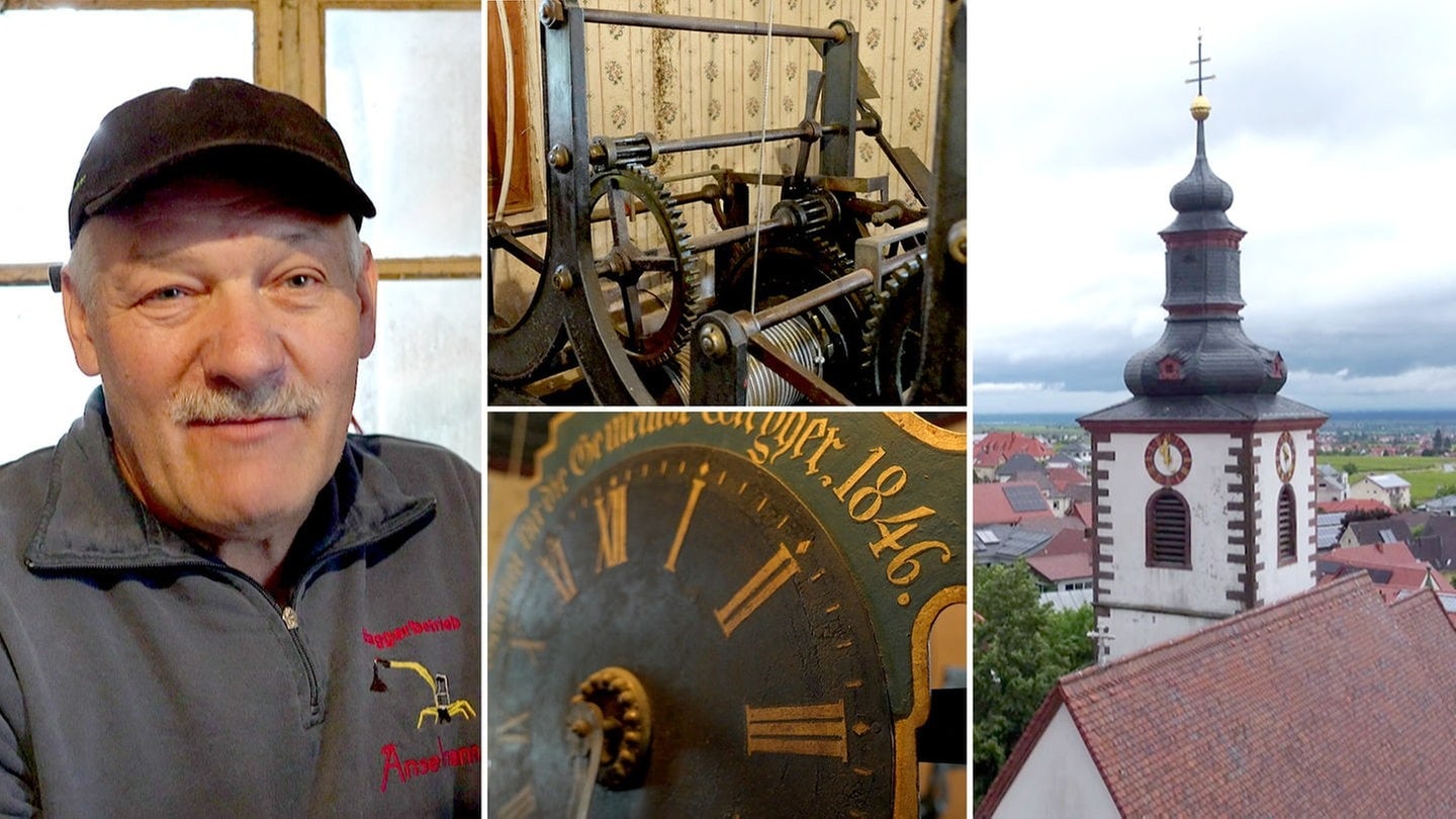 Hans Anselmann zieht die historische Kirchturmuhr von Weyher manuell auf