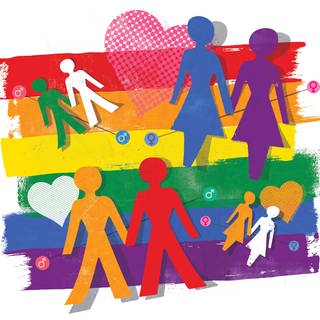 Schwule und lesbische Paare auf einer Pride-Flagge (Illustration): Eine endgültige Erklärung dafür, wie Homosexualität entsteht, gibt es noch nicht. Homosexualität ist wohl in gewisser Weise angeboren, wird aber nicht direkt vererbt. Wie geht das?