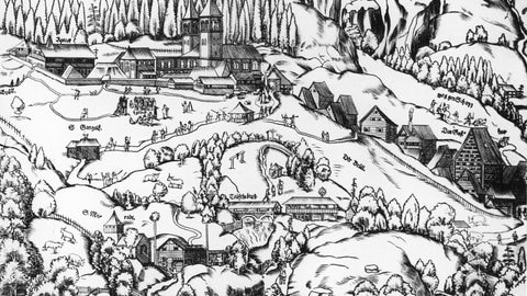 Kloster Einsiedeln und Umgebung - in der Bildmitte neben der Teufelsbrücke das mutmassliche Geburtshaus von Paracelsus, Holzschnitt, 1577 (Foto: dpa Bildfunk, picture-alliance / akg-images) Kloster Einsiedeln und Umgebung - in der Bildmitte neben der Teufelsbrücke das mutmassliche Geburtshaus von Paracelsus, Holzschnitt, 1577